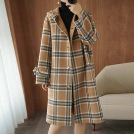 秋冬季格子海军领羊毛大衣翻领无腰带格纹韩版宽松型都市休闲外套