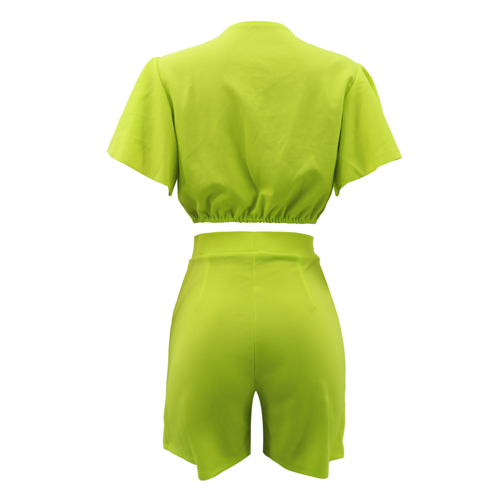 Ruffled Short V neck Top Casual Shorts Summer Two Piece Set