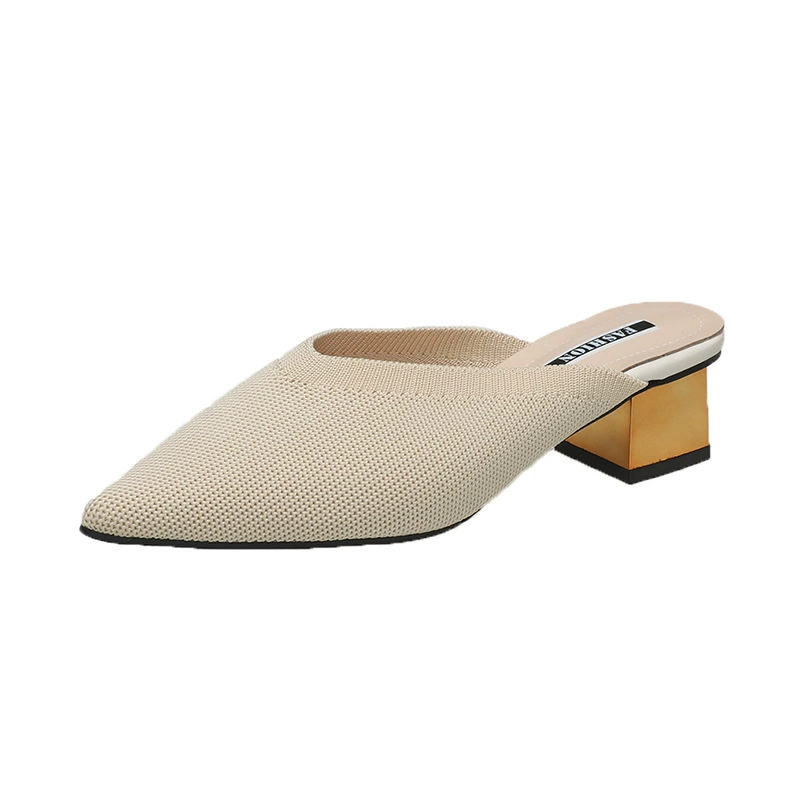 [Korean Style Women7s Fly-Woven Mid-Heel Spring and Summer New Baotou Half Slippers Pointed Toe Mule Shoes Thick Heel Outer Wear 35-41]