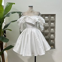 亚马逊法式优雅一字肩光泽高级礼服绑带轻奢公主裙泡泡袖气质宴会