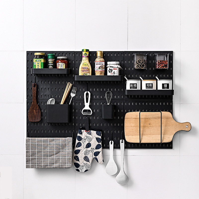 Kitchen Wall Rack Wall-Mounted Storage Rack Punch-Free Wall Hole Board Plastic Black Hole Board Wholesale
