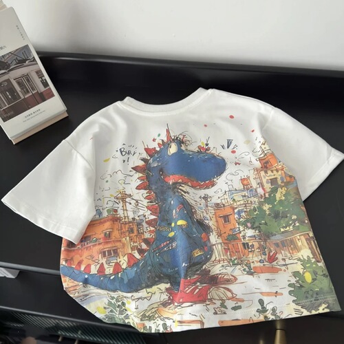 Children's Summer Casual Round Neck Digital Printing Dinosaur Short Sleeve T-Shirt for Boys Fashion Outerwear Cotton Top
