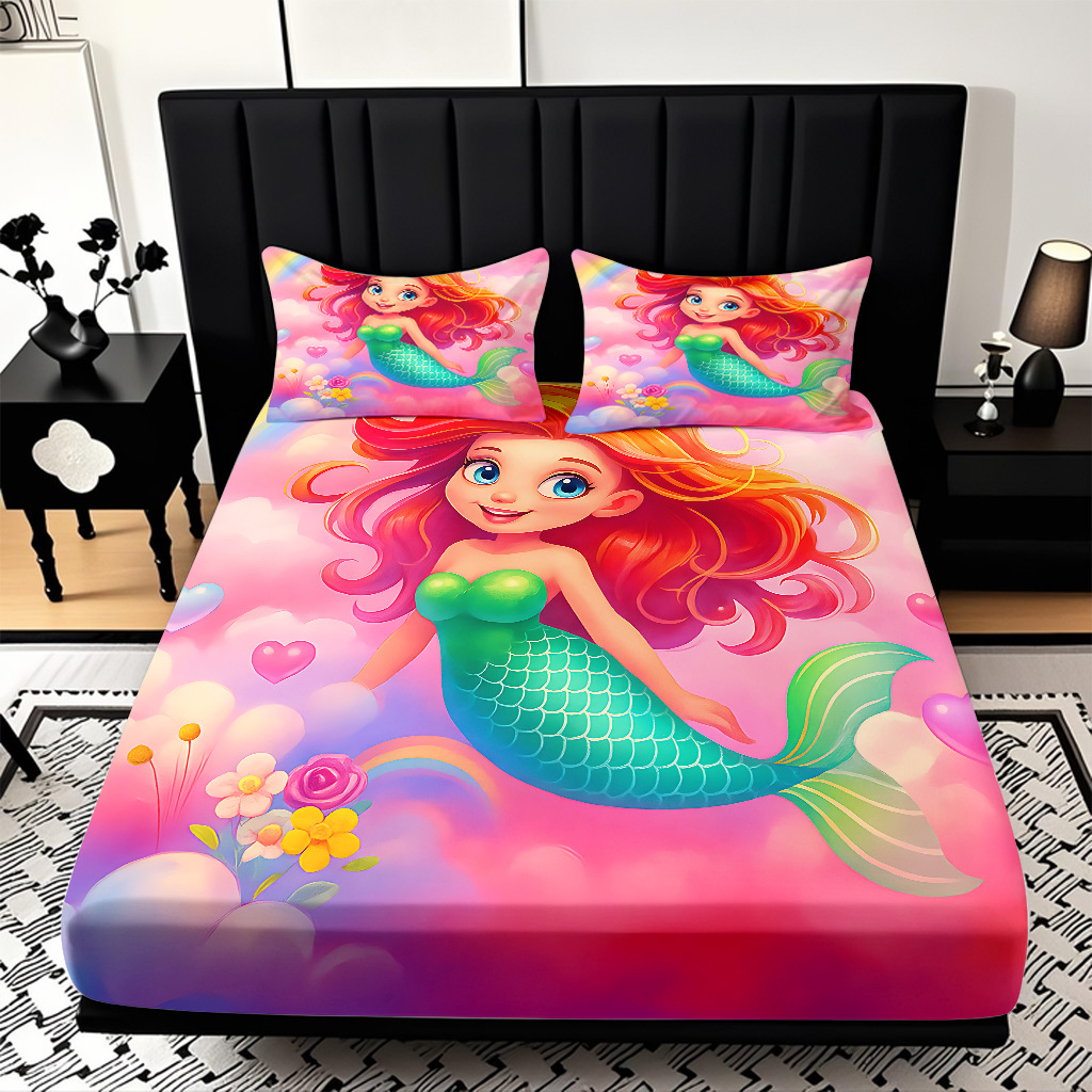 JIT modo Temu 3D impresión de caricatura sirena cama textil casera camisa ropa de cama tres piezas set transfronterizo mayorista