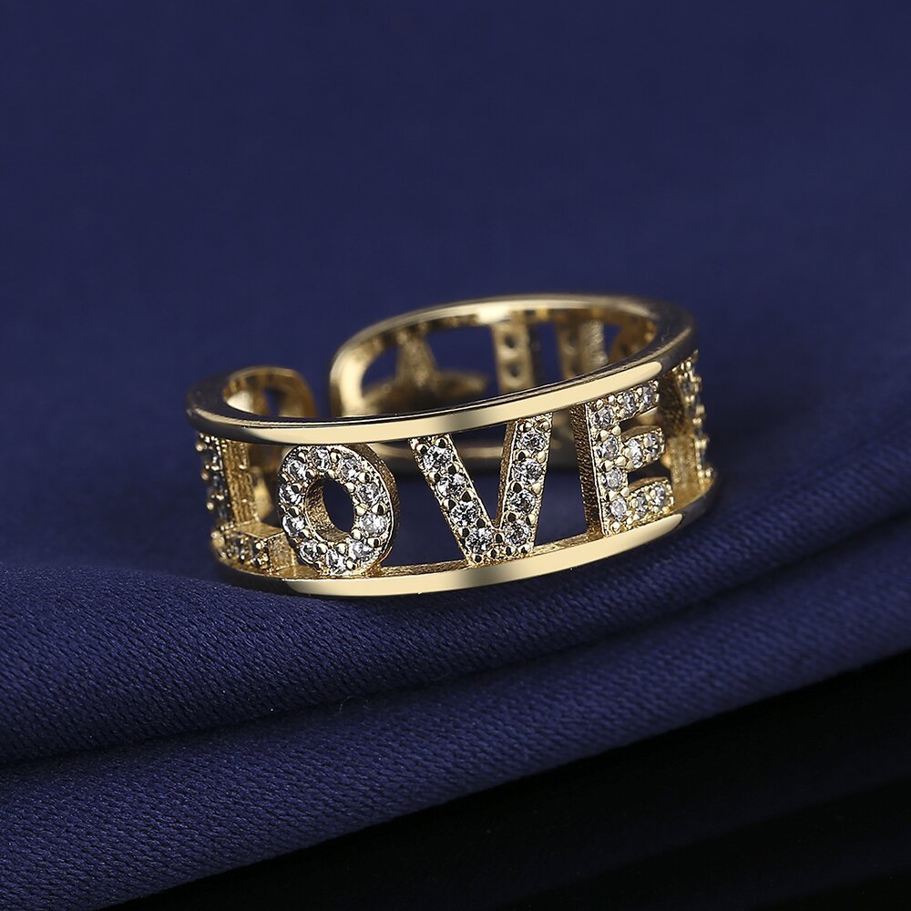 Hot-selling Cross-border E-commerce Copper-plated 18K Gold English Letter LOVE Openable Adjustable Ring for Women