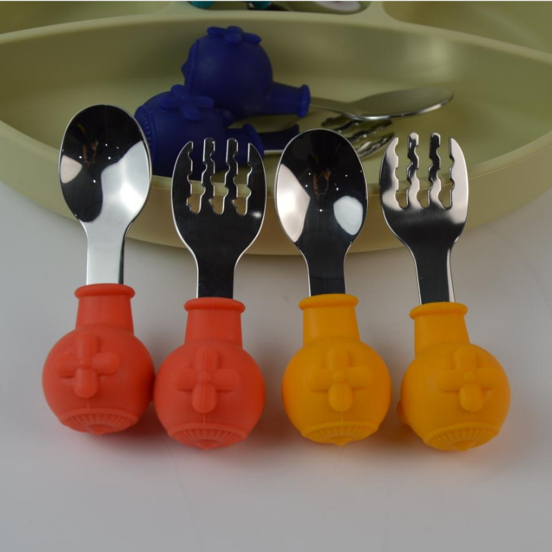 Factory direct baby silicone spoon children's cartoon 316 unembroidered steel training short fork spoon children's tableware set