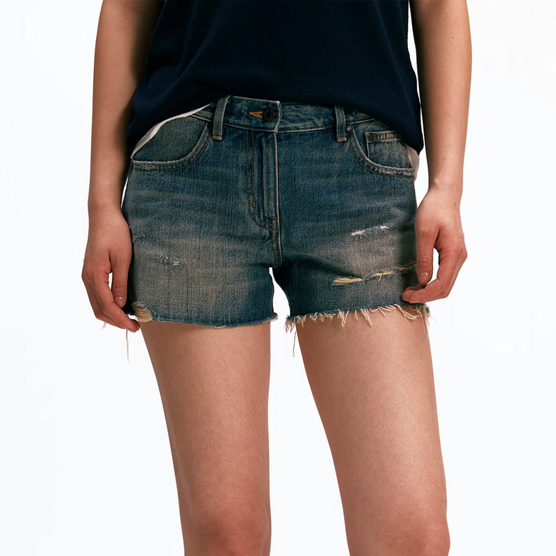 Alrigh All-Cotton Mid-Low Waist Frayed Hem Bamboo Weave Thin Denim Shorts in Hot Girl Style with Washed Finish