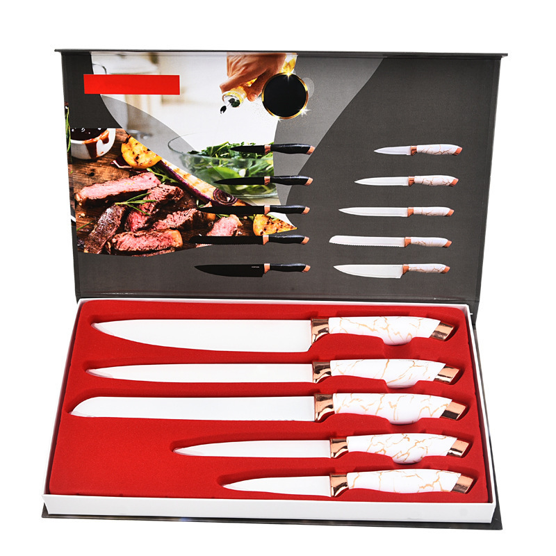 Fábrica al por mayor de acero inoxidable patrón de mármol cabezal de galvanoplastia doble juego de cuchillos de cinco piezas caja de regalo de cocina para el hogar