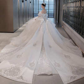 婚纱法式高级感2024新款新娘奢华重工在逃公主一字肩大拖尾主婚纱