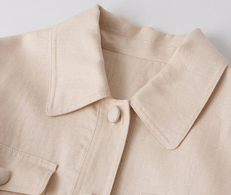 Áo khoác ngắn nữ pha Tencel và linen cổ polo tay dài chiết eo tôn dáng — Màu be chi tiết 15