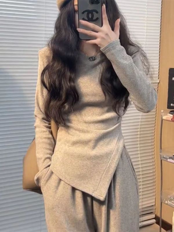 韩版收腰休闲秋款修身时尚上衣显瘦套装新款不规则直筒T恤两件套|undefined