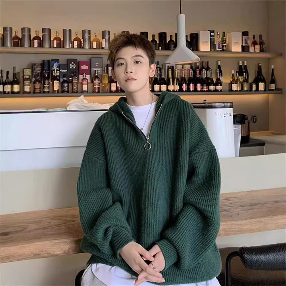 Knitted solid color retro sweater with zipper with hood