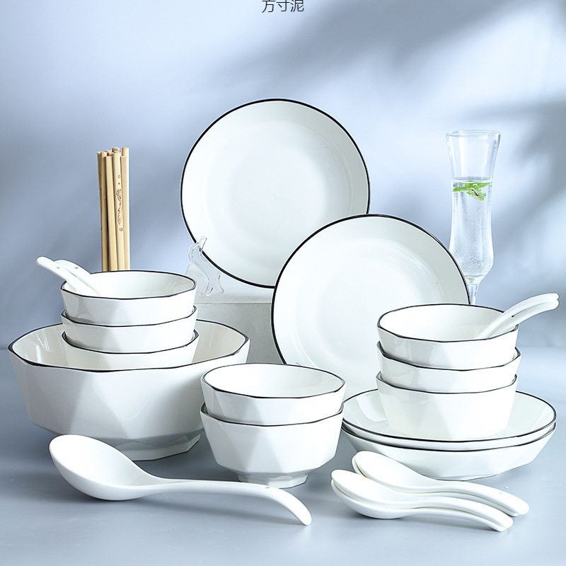 Bowl, Plate, Chopsticks, Spoon Set, Single-Person Bowl, Household Dining Bowl, Large Soup Bowl, Complete Set of Ceramic Tableware, Family Set