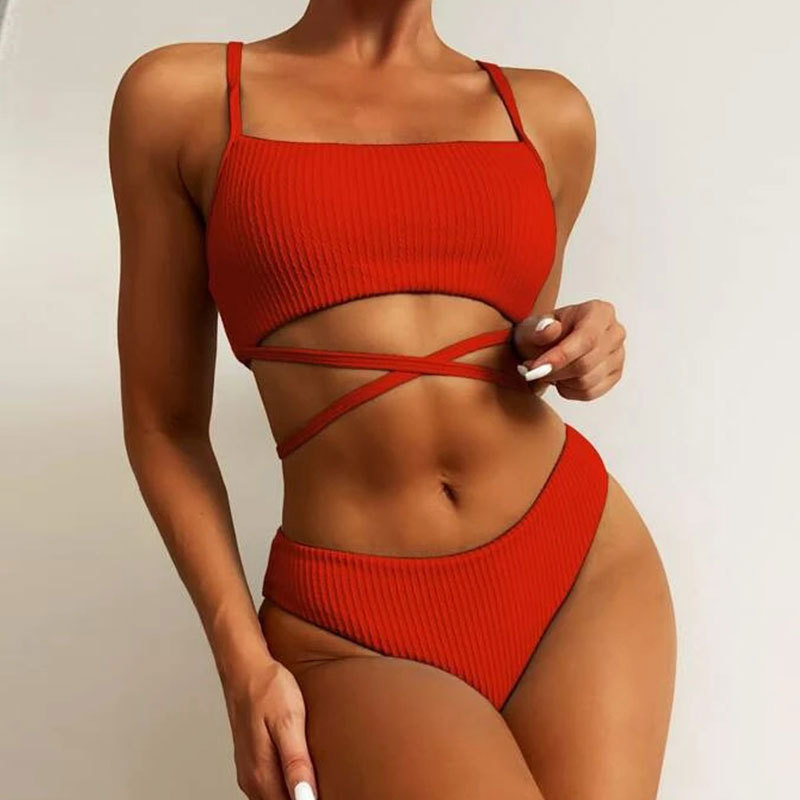 High Waist sling backless lace-up Solid Color Tankini two-piece set NSLRS133153