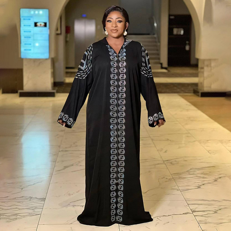 Cross-Border African Ethnic Clothing, Large-Swing Style Dress, Fashionable Robe with Zipper and Rhinestones