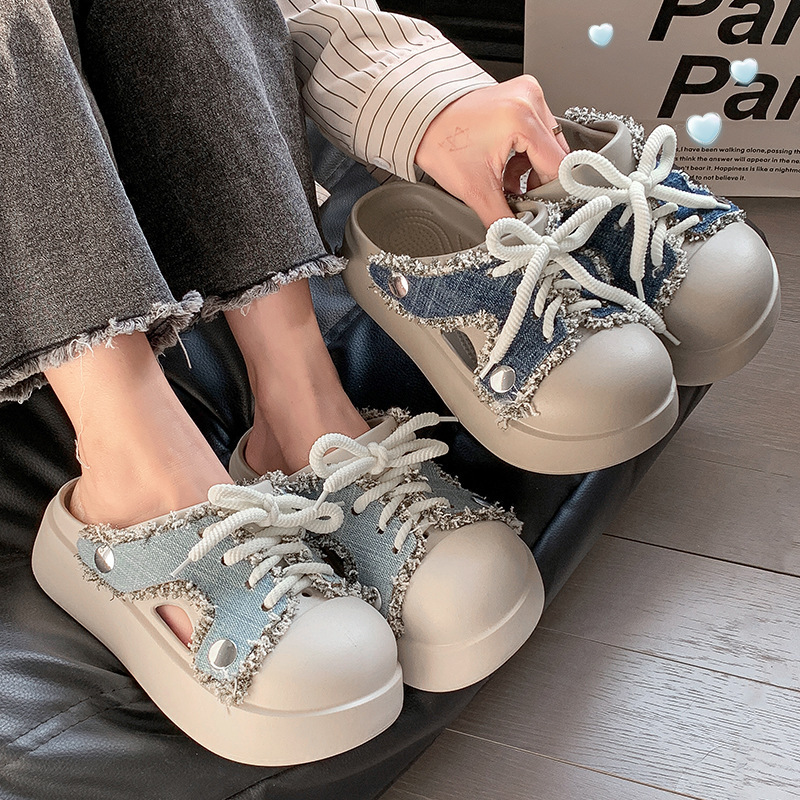 New Style Clogs for Women, Fabric Slippers for Outdoor Wear, Denim Tassel Patchwork, Eva Platform Heel, Women's Beach Sandals