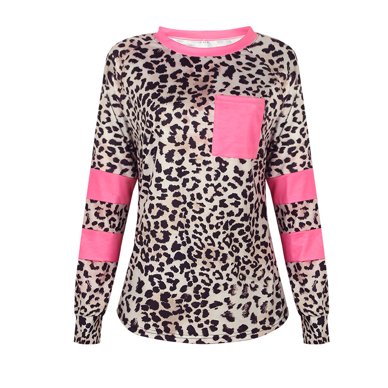  leopard print long-sleeved stitching pocket loose casual T-shirt  NSKX52487