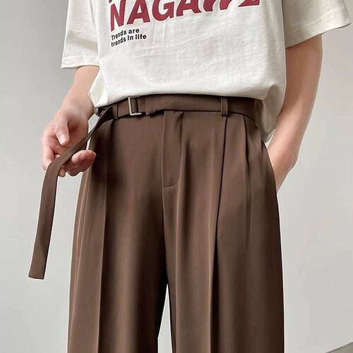 Summer thin casual trousers, men's trend, draping, high-end straight pants, high-street, handsome, black wide-leg pants