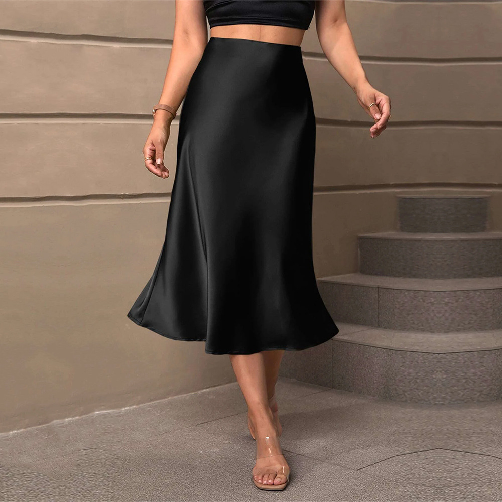 Cross-Border European and American Elegant Style A-Line Satin Skirt 2023 Autumn and Winter New Pure Color A-Line Mid-Length Skirt for Women