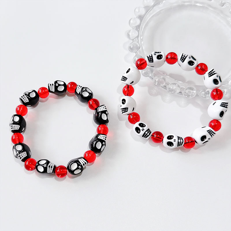 Heißer Verkauf Rot Perlen Schädel Armband Elastische Seil Punk Hip Hop Coole Armband Retro Dark Halloween Zubehör_voghion.com