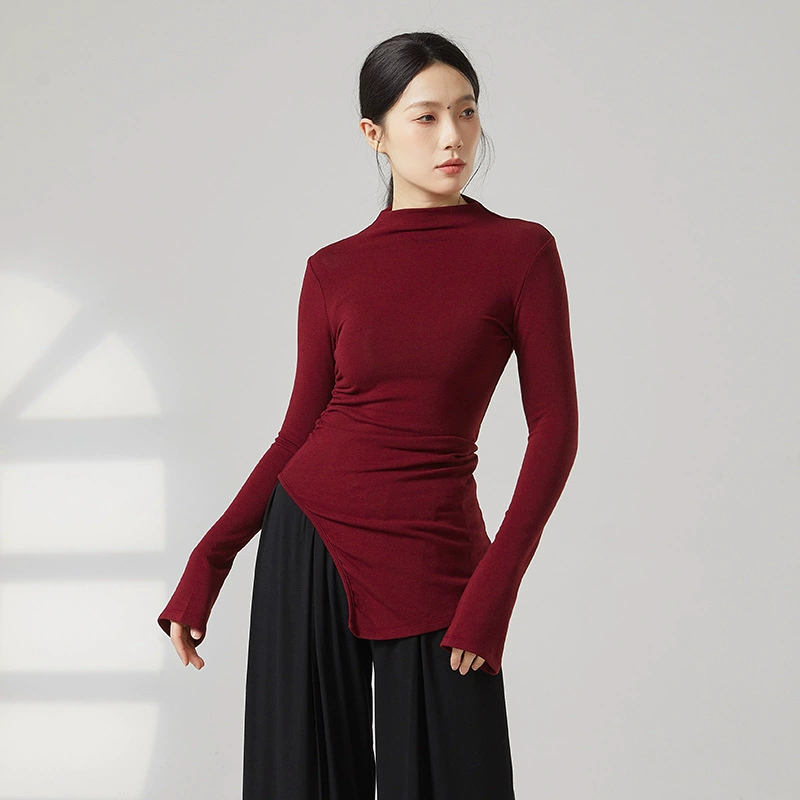 Одежда для тренировок по современным танцам, длинная футболка с высоким воротником и высоким разрезом по бокам, длинные рукава для занятий спортом, фитнесом, йогой, длинные рукава