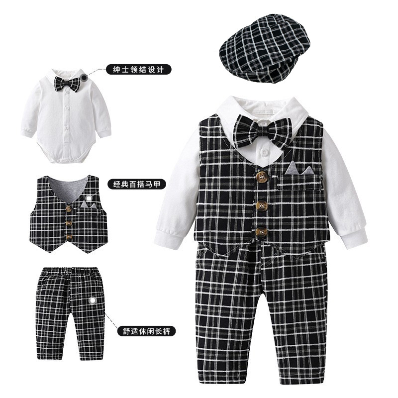 Baby Dress Suit Autumn New Men's Baby Long-sleeved Bow-tie Four-piece Set European and American-style One-year-old Clothing