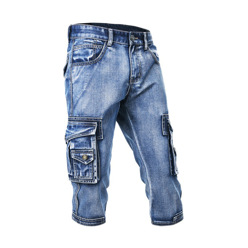 Summer thin stretch multi-pocket workwear cropped pants slim fit Denim shorts cropped pants casual jeans men Summer thin stretch multi-pocket workwear cropped pants slim fit Denim shorts cropped pants casual jeans men