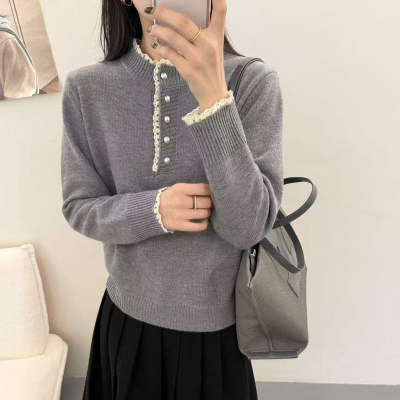 Half-Turtleneck Sweater for Women with Color-Blocking Lace, Half-Open Collar, Autumn and Winter Warm Honey Bear Fleece Base Knit Top
