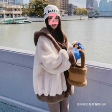 人造毛慵懒风女冬皮草大衣水貂绒皮毛一体年轻款中长毛毛外套连帽