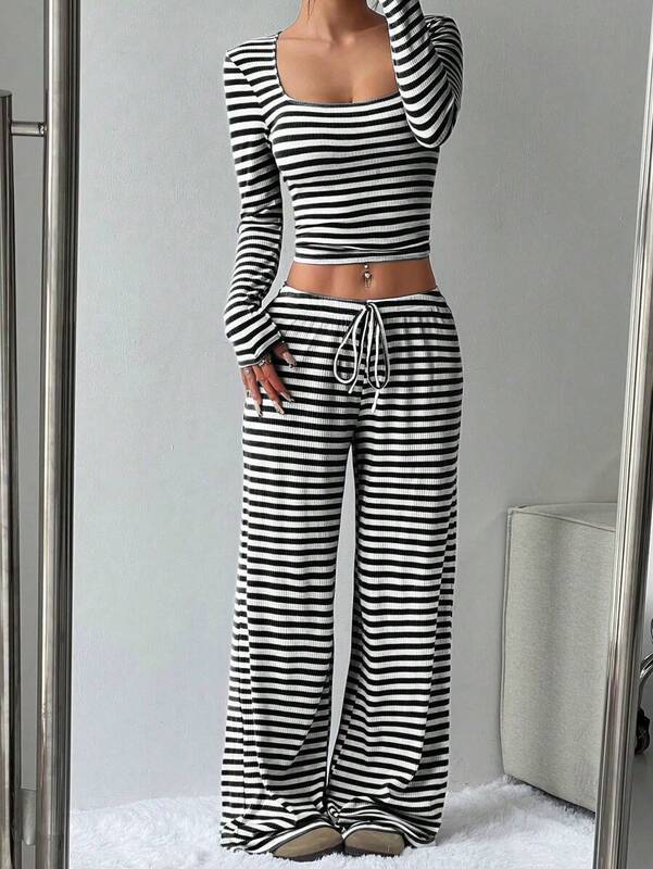 ヨーロッパとアメリカのクロスボーダーAmazon TK2025新しい女性のストライププルオーバー長袖+巾着ワイドレッグパンツスーツのリアルショット|undefined