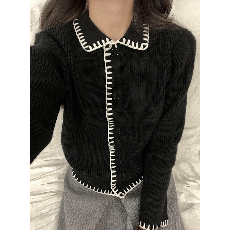 实拍秋季新款明线娃娃领针织开衫女两面穿灰色百褶裙中裙时尚套装|undefined