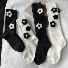 手工黑白毛線花朵可愛復古抽條長筒女襪甜美網紅秋冬堆堆襪