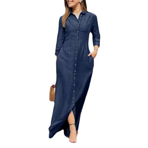 Elegant and stylish women's clothing with a European and American style, neutral temperament, long-sleeved, stand-up collar, open jacket, solid color, long denim dress.