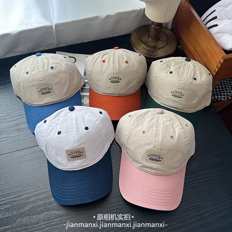 韩版复古字母布标拼色棒球帽子女春夏软顶情侣款百搭休闲鸭舌帽男|undefined
