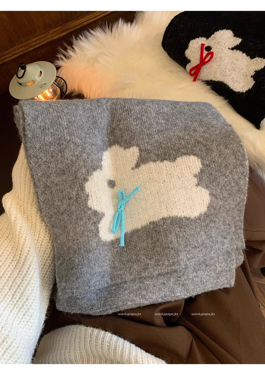 Winter 2024 New Warm Knitted Female Cute Rabbit Bow Leisure Outdoor Windproof and Cold resistant Scarf_voghion.com