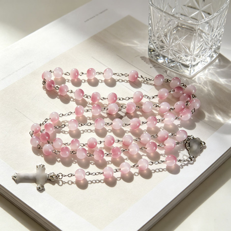 Cross-border jewelry: 8mm jelly-colored double-bead cross necklace, bead chain, rosary, long alloy pendant accessory