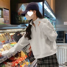 森马集团棉致麻灰色立领卫衣女2025春秋新款小众设计感半拉链上衣