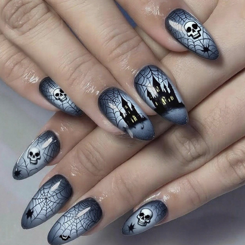 European and American Halloween Dark Castle Skeleton Silver Black Line Design Manicure Nail Pieces Removable 24 Pieces Wearable Nails