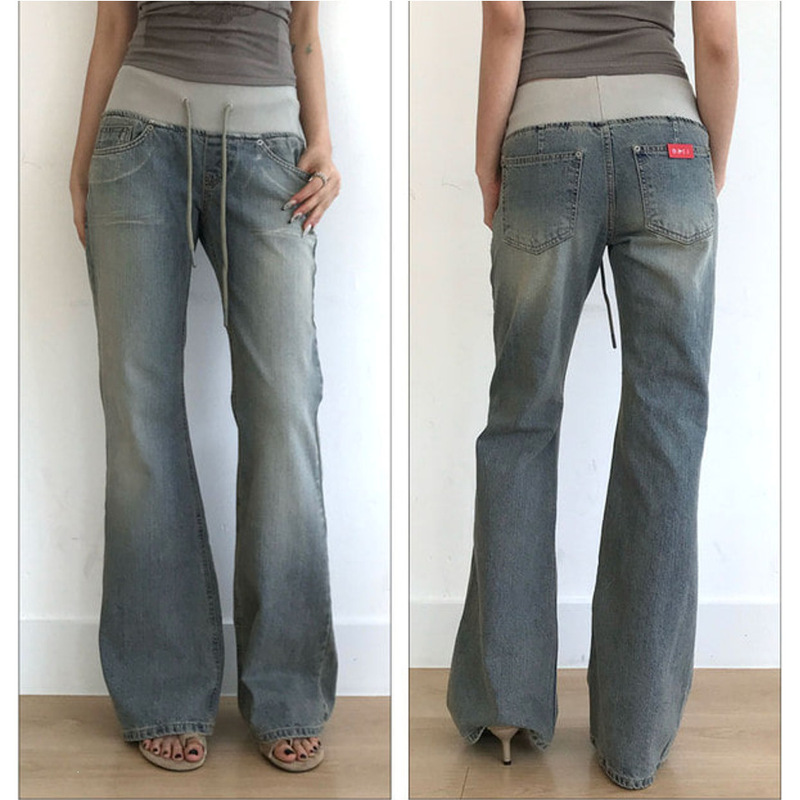 In-Stock Korean Chic No-Button Low-Waist Washed Flared Jeans for Women with a Unique Design, Loose Fit Denim Pants 12745