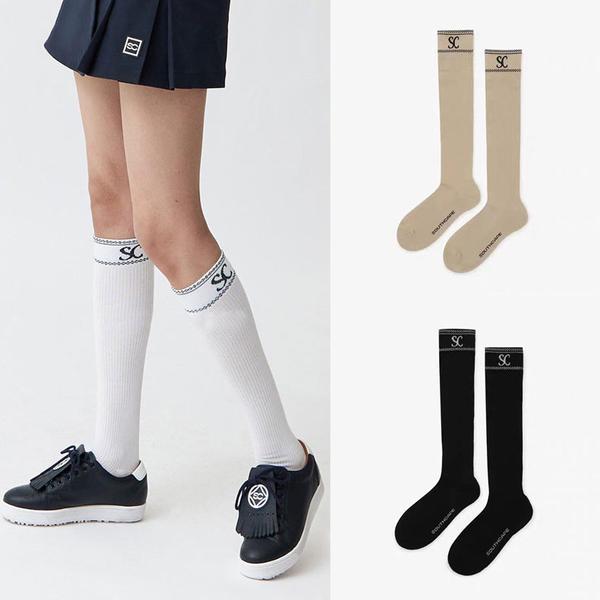 Korean Women's Golf Outdoor Casual Solid Color Long Socks with English Logo, Versatile Non-Slip Breathable Tube Socks