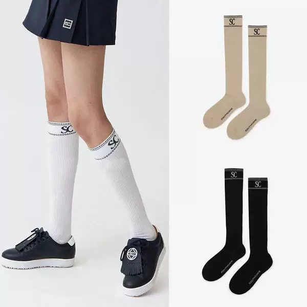 Korean Women's Golf Outdoor Casual Solid Color Long Socks with English Logo, Versatile Non-Slip Breathable Tube Socks