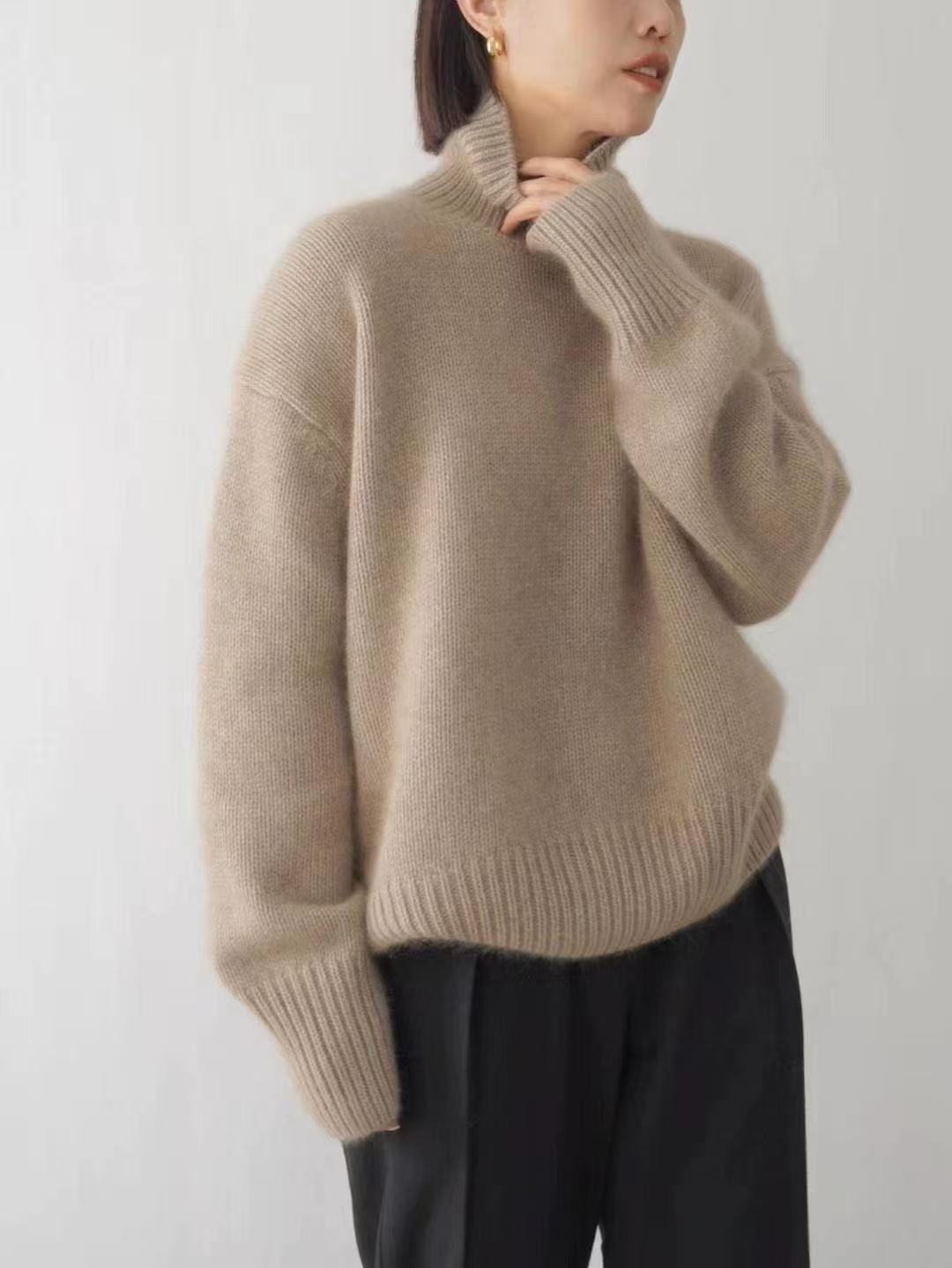 Maglione oversize a collo alto – Pullover minimalista a coste (morbido misto poliestere, vestibilità comoda, tinta unita cammello/beige/marrone/grigio, capo essenziale per il lavoro e il weekend)_voghion.com