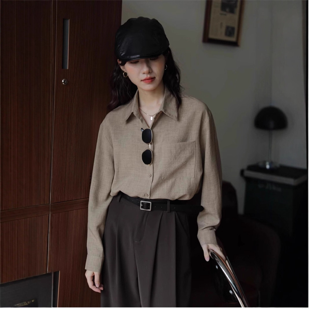 Retro Hong Kong Style Solid Color Long-Sleeved Shirt for Women Slimming Autumn New Green Design with Loose Shirt Inside