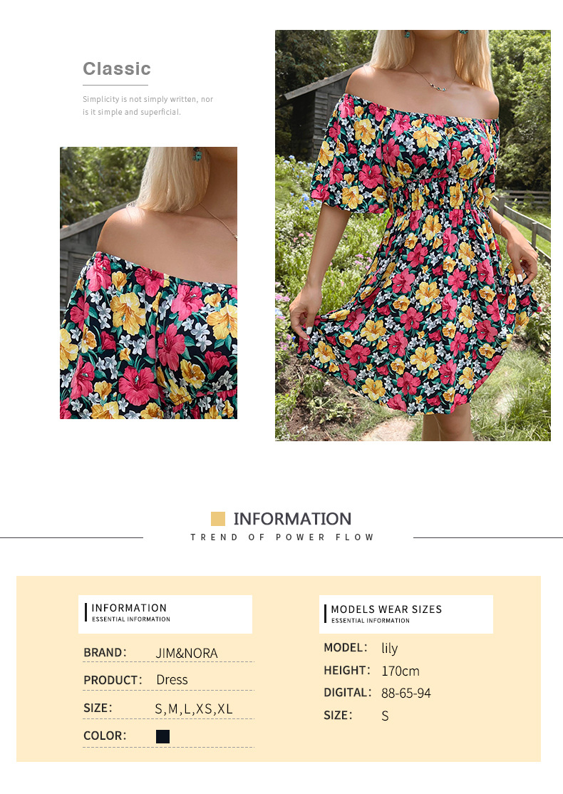 Flowers Printed Original One-line Off-shoulder Ruffle Dress_voghion.com