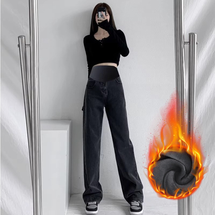 Pregnant Women's Pants Fashion All-match Half-support Pregnant Women's Jeans Autumn and Winter fleece-lined Thickened Loose Straight-leg Wide-leg Pants