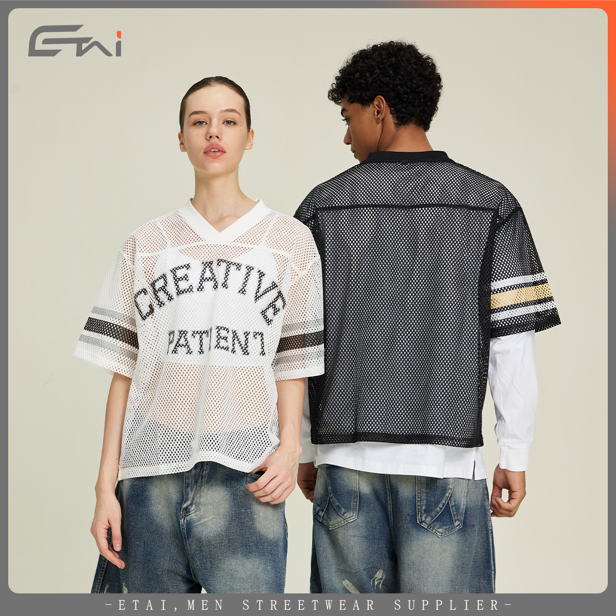 ETAI ropa de hombre alta calle americana hombre de verano mesh deporte casual de manga corta pareja marca de moda suelta camiseta de cuello en V