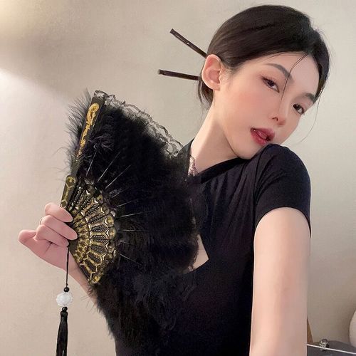 Hanfu cheongsam folding fan Chinese style black feather ancient fan new Chinese dance fan Christmas decorations