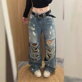 美式辣妹个性潮流破洞牛仔裤子女春季新款复古泼墨扎染印花拖地裤