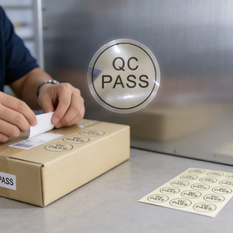 qc etiketi şeffaf kaliteli rulo halinde paketlenmiş yuvarlak etiket qcpass etiketi yuvarlak lazer kalite kontrol etiketi QC lazer etiketi