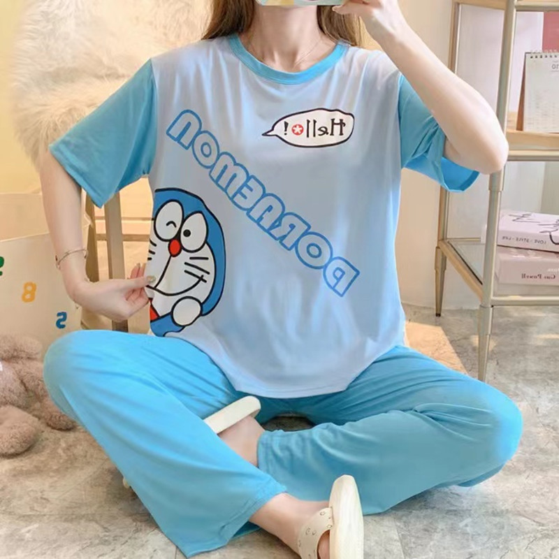 睡衣女春秋款5XL码新款短袖长裤女士印花可爱可外穿家居服套装|undefined