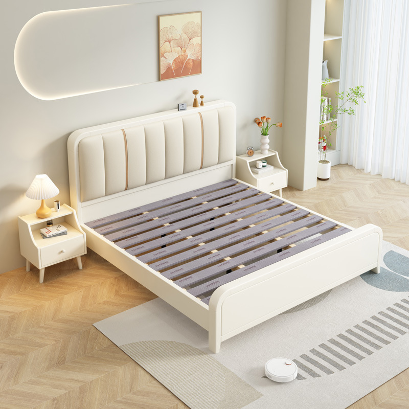 Cream White Solid Wood Bed 1.5m 1.8m Modern Simple Master Bedroom Home Small Apartment Single or Double Storage Bed